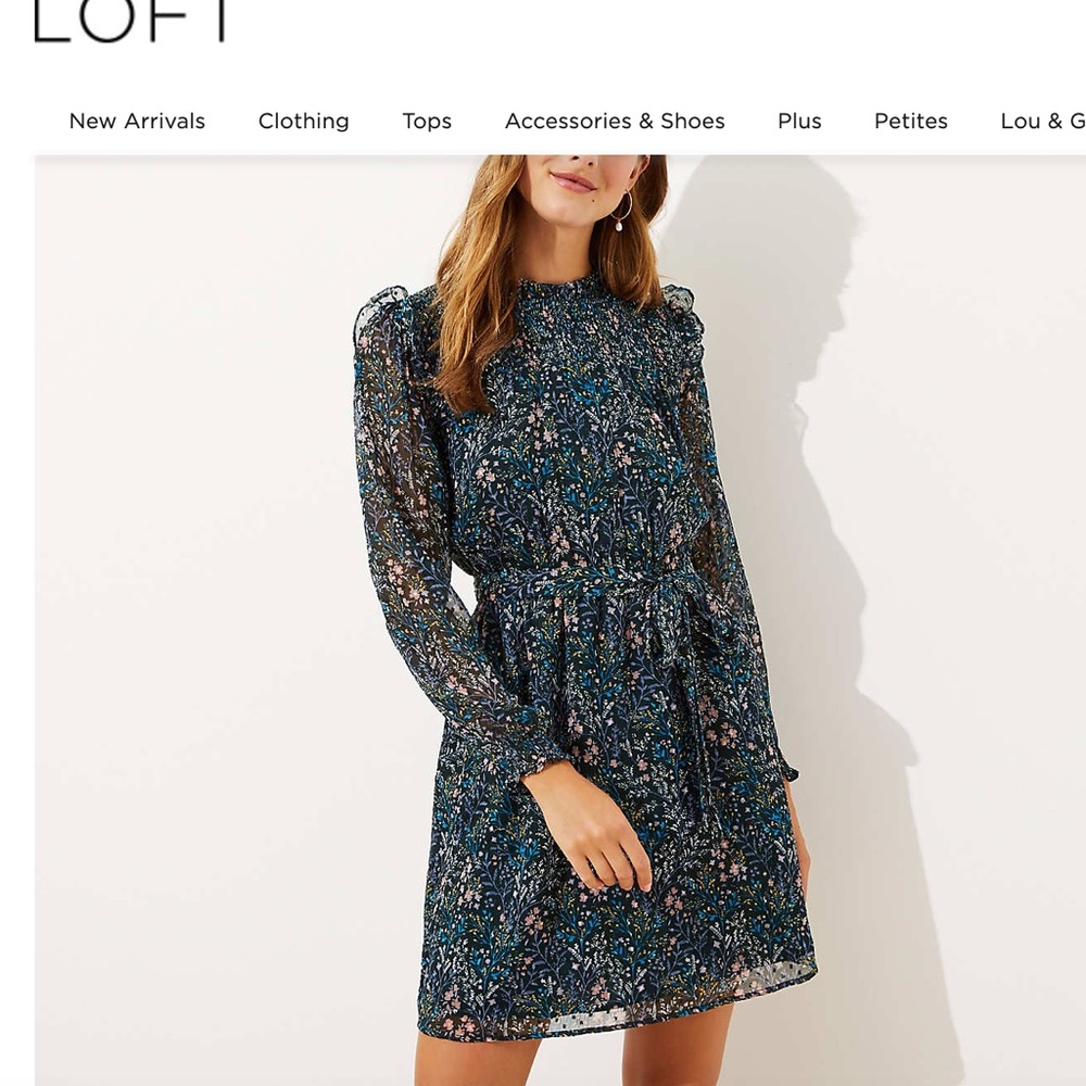 Loft floral smocked tie waist dress
